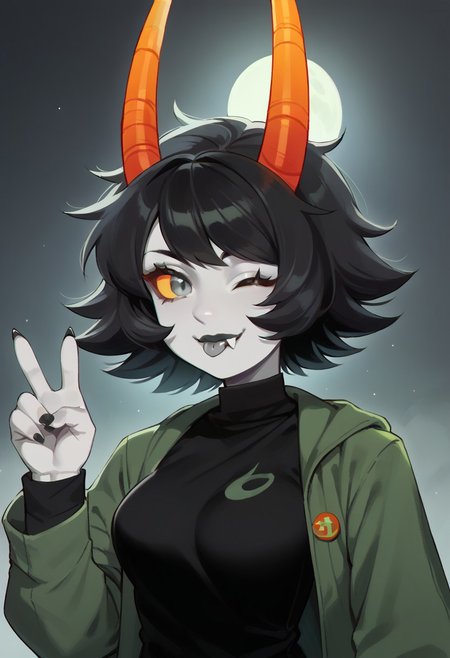 high angle, black outlines, dutch angle, masterpiece, best quality, score_9, score_8_up, score_7_up, score_6_up, score_5_up, high detail, soft lighting, 1girl, Troll, ramhorns, olive jacket, long sleeves, black t-shirt, fangs, closed mouth, olive moon \(symbol\), long sleeves, skinny, medium breasts, fluffy hair, short hair, black lips, bangs, grey eyes, kohl-rimmed eyes, perfect anatomy, looking at viewer, smile, no lighting, wink, tongue out, grey tongue, peace signs, realistic lighting, petite body, blurry background:2, upper body