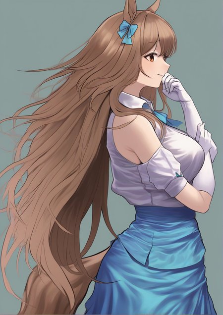 1girl, mejiro dober (umamusume), by kodoto, animal ears, bare shoulders, blue bow, blue skirt, bow, breasts, brown hair, from side, gloves, hair bow, hand to own mouth, horse ears, horse girl, horse tail, long hair, medium breasts, profile, shirt, skirt, sleeveless, sleeveless shirt, solo, tail, very long hair, white gloves, white shirt,  <lora:Chroong:1>