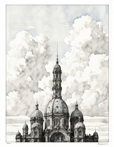 Inkquaria. A black and white, watercolor illustration of a large, elegant building with multiple domes and a clock tower, set against a backdrop of fluffy white clouds. the building appears to be a cathedral, with intricate details and ornate architecture, featuring multiple windows and a tall, slender tower with a clock at the center. the sky is filled with fluffy, white clouds, giving the image a dreamy, ethereal quality. the image is framed in a square frame, with a watermark in the bottom right corner, adding a touch of professionalism to the overall composition. the overall effect is one of grandeur and grandeur, with the building standing out against the soft, muted colors of the clouds.