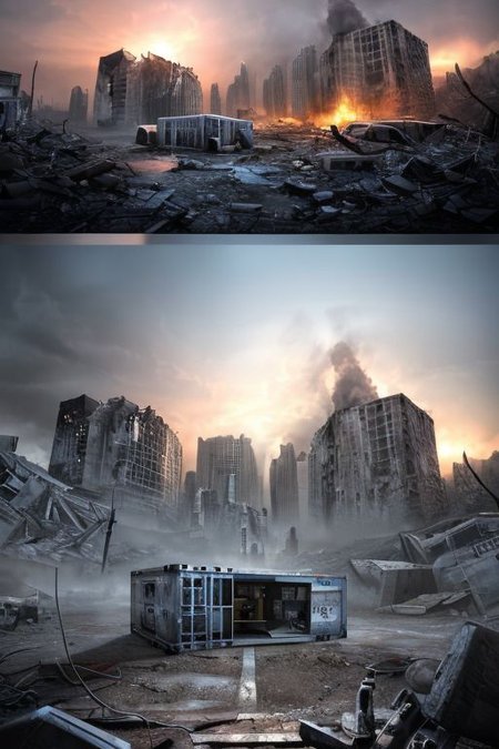 (Pui),(UHD:1.1), (nsfw:1.3), 
(detailed background visible:1.2),
(Photorealistic:1.2),
large cylindrical (nuclear) container on a hill in front of a destroyed city, (luminescent painting), (dim lighting), glowing LED, danger, nuclear hazard symbol, 
 <lora:Wasteland:1> Wasteland, the, and, with, wasteland, background,
(hyper detailed:1.2), 
(Style: subsurface scattering, analog style, realistic, film photography, highres photo, cinematic Lighting, trending on artstation, ((high quality:1.2, masterpiece:1.2)), (8k resolution),)