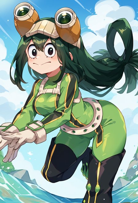 score_9, score_7_up, source_anime, solo, BREAK  smile, from behind, looking back, standing on one leg, twisted torso, outdoors,  <lora:Tsuyu_Asui_Pony:1> Asui_Tsuyu, green hair, black eyes, low-tied long hair, hair between_eyes, hair rings, medium breasts, green bodysuit, googles on head, white gloves, thigh boots, belt,   <lora:Momoiiroo_Art_Style_PonyXL:1> momoiiroo,