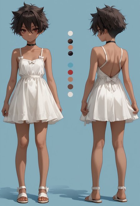 safe_pos, ohisashiburi_style, score_9, score_8_up, score_7_up, score_6_up, score_5_up, score_4_up, 1girl, micchan 1girl, (young, skinny, petite body, short body:1.8), tomboy, dark-skinned female, melanism, dark brown hair, short hair, hair between eyes, dark red eyes, perky small breasts, small ass, collarbone, black choker, white dress, white bow at waist on back, dress straps, bare shoulders, white sandals, full body, simple light blue background, front view, side view, back view, multiple views, full body, model sheet, turnaround