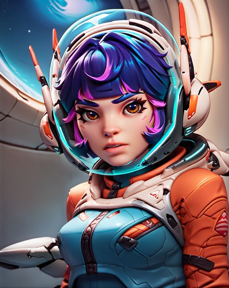 zPDXL , score_9, score_8_up, score_7_up, score_6_up, 2.5d, <lora:Juno overwatch-000025:1> Juno (overwatch) , purple hair, multicolored hair, pink hair,  helmet,  spacesuit,  (space, asteroids, nebula:1.3)