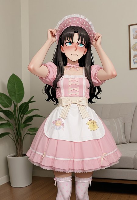 masterpiece, best quality, shiny skin, skindentation, polyle-il,
BREAK,
1girl, rin_tohsaka, fate_(series), small breasts, freckles, blushing,  embarrassed, angry, looking up,
BREAK,
standing, adjusting bonnet, adjusting headwear,
BREAK,
PomPomPurinmotifdress, pink dress, bow, frills, short sleeves, apron, polka dot, ribbon, lace trim, puffy sleeves,
white stockings, frilly stockings, pink print stockings, pink bonnet, frilly bonnet,
BREAK,
living room, wallpaper, furniture, potted plants,