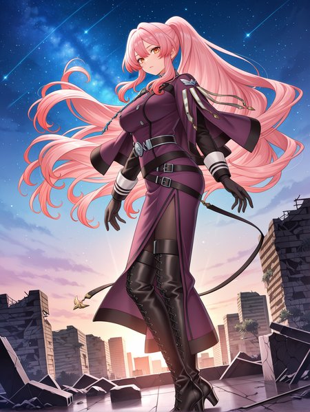 exosister martha,1girl,official art,solo,ruins,cityscape,looking at viewer,starry sky,large breasts,full body,outdoors,floating hair,standing,purple military dress uniform,purple capelet,black gloves,black pantyhose,black cross-laced thigh boots,from side,
masterpiece,best quality,amazing quality,very aesthetic,absurdres,newest,<lora:Exosister Martha illusXL v1:0.7>,