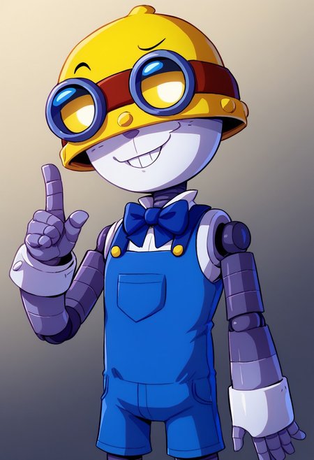 score_9_up, score_8_up, BREAK, <lora:NerdyGirlWithBuckTeeth_PXL_Leaf1:1>, gradient background,  closed mouth,  upper body, single index finger raised,  smug,bscarl , 1boy , robot , yellow headwear , goggles on headwear   covered eyes, yellow eyes  ,  solo , blue overalls, shorts , sleeveless, red bowtie, no nose,buck teeth