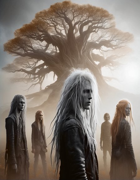 dystopian style of some  male and female Nephilim standing in front of the wonderful, amazing World Tree, (Yggdrasil at golden hour:1.2), Autumn leaves. The Nephilim have white or  (ginger hair:1.4). They wears worn leather clothings.  There is a misty and smoky atmosphere around the creature, giving the picture a mystical element. The picture is in a monochromatic scheme, mainly with shades of black, white and gray.
8k UHD, RAW photo, highly detailed,  photo realism, photorealistic,  bleak, post-apocalyptic, somber, dramatic