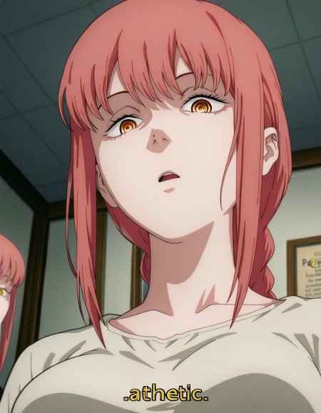 masterpiece, best quality, amazing quality,, <lora:chainsawman-makima-s1-illustriousxl-lora-nochekaiser:1>, makima, makima (chainsaw man), long hair, bangs, yellow eyes, braid, red hair, braided ponytail, ringed eyes, mature female, medium breasts, anime screencap, <lora:pathetic-illustriousxl-lora-nochekaiser:1>, pathetic, looking at viewer, open mouth, upper body, looking down, english text, subtitles, dutch angle,