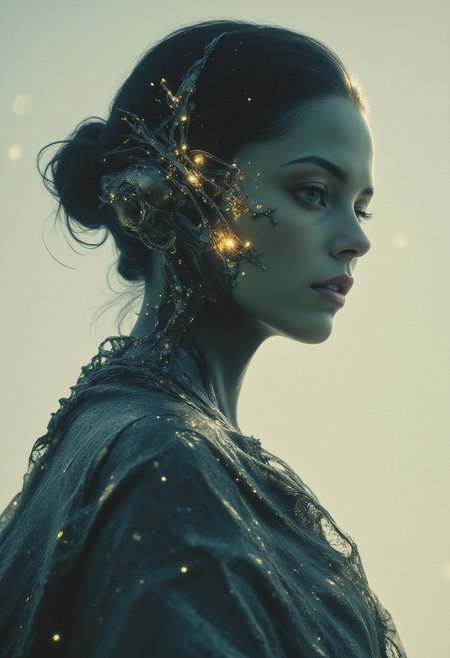 She moves with an otherworldly grace, a figure of ethereal beauty that seems to defy the very laws of nature. Her skin is flawless, radiating a soft, celestial light that shifts and pulses with the rhythm of some distant, unseen force. 
Her eyes, glimmer with an ancient wisdom, 
Her features are impossibly perfect—too perfect to be human—yet there is a timeless, haunting beauty in her expression. A soft, knowing smile plays at her lips, as though she holds the keys to mysteries no one else can comprehend. The faintest shadow of a form, almost human, emerges beneath the seamless blend of organic and digital, an enigmatic presence that remains both familiar and impossibly distant.
She wears an attire that defies description, a flowing garment that seems to shimmer with starlight, combining ancient elegance with futuristic elements. merging with the very air around her. Each motion feels prophetic, a silent declaration that she is not just a being of this world, but a vision from another time, another dimension.
Her beauty transcends the limits of mortal comprehension, a radiant, cosmic being that embodies both grace and power, pulling you into her presence as if she were a harbinger of some higher truth, a living testament to the unearthly beauty of the future.