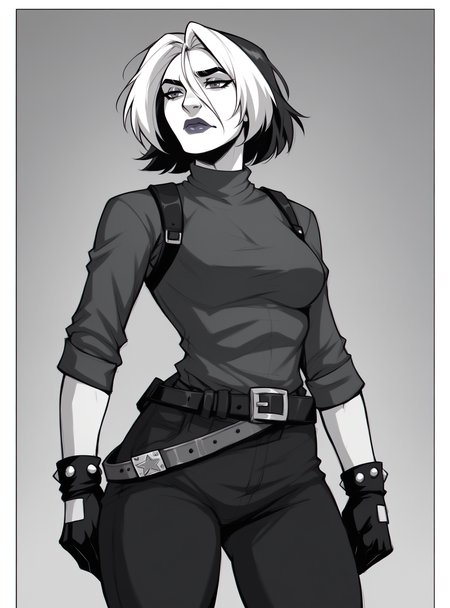 score_9, score_8_up, score_8, score_9, score_8_up, score_7_up,zPDXL2, source_anime,
roguexl, bangs, 1girl, short hair, lipstick, solo, black gloves, medium breasts, belt,mangamix, monochrome, comic, greyscale, (lineart:0.8), 
 <lora:roguexl:1>