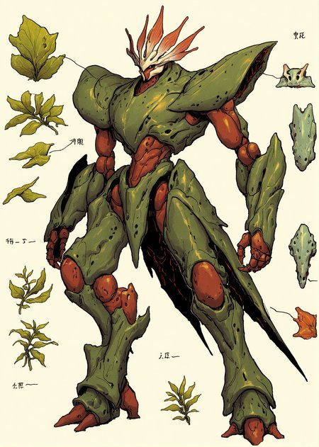 best quality,masterpiece,absurdres,newest,
 <lora:BIOMECHA_XL_C-000018:1>,
(creature,bio mecha,this digital painting depicts a monster that has been mechanically modified:1.3),, This is a digital drawing of a fantastical, insectoid robot with a unique, organic appearance. The robot stands upright on two legs and is predominantly green, with a texture that resembles a rough, scaly surface. Its body is segmented, with each segment detailed with darker green, almost black, lines that suggest joints and armor plating. The head is particularly striking, resembling a leaf or a crown with multiple pointed extensions, each tipped with small, bright red orbs, giving it an almost alien, plant-like appearance. The limbs are long and spindly, ending in sharp, claw-like appendages with a reddish-brown hue, suggesting a combination of metal and organic material. The overall design is intricate, with a mix of smooth, rounded edges and sharp, angular details, creating a visually dynamic and somewhat menacing presence. The background is plain white, emphasizing the robot's complex design. The style of the drawing is reminiscent of concept art, with a focus on imaginative and detailed character design. The artist has used shading and highlights to give the robot a three-dimensional appearance, making it stand out vividly against the stark white background.