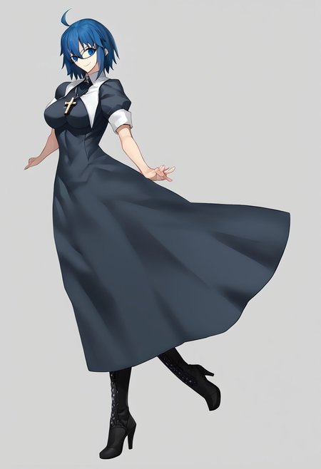 score_9, score_8_up, score_7_up, score_6_up, score_5_up, score_4_up, source_anime, 2girl, 
ciel, ciel \(tsukihime\), ahoge, black dress, black footwear, blue-framed eyewear, blue eyes, blue hair, boots, breasts, cross, cross necklace, dress, glasses, habit, hair between eyes, high heel boots, high heels, jewelry, large breasts, latin cross, long hair, short sleeves, necklace, nun, smile, solo, 
masterpiece, best quality, very aesthetic, absurdres,