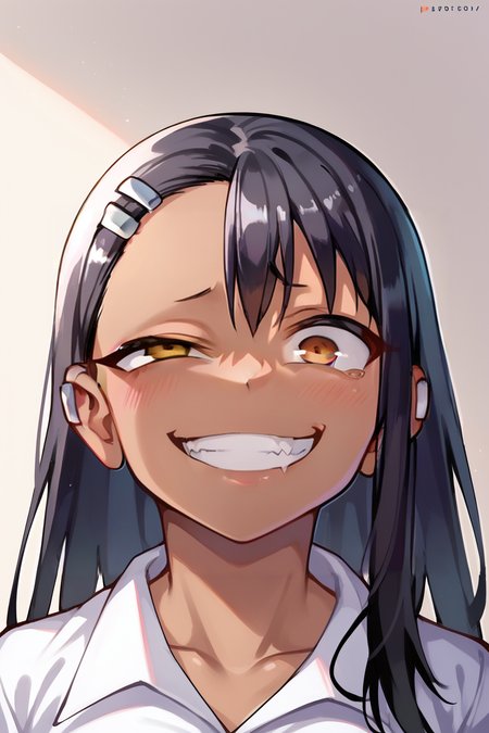 zPDXL,  <lora:Concept_Gesugao:1>, 1girl, gesugao, parted lips, smile, nagatoro, face focus, dark skin