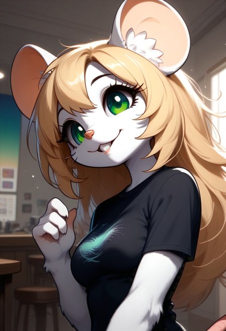 score_9, score_8_up, score_7_up, source_furry, FMW1, fluffy, painterly, vibrant details, indoors, Chloe, 1girl, solo, (medium breasts:2), long hair, blonde hair, animal ears, (green eyes, gradient eyes:1.5), furry female, mouse ears, mouse girl, mouse tail, body fur ,white fur, bangs, animal nose, buck teeth, 
upper body, headshot, long eyelashes, wide smile, parted lips, black t-shirt, hands up