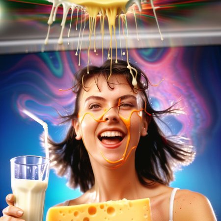 fireballs and laser beams in straight configuration coming out of futuristic eyeglasses in super surreal style harsh light details high quality film grain 50mm wide shot on sony analog HDTV camera laserdisc style. wide shot of a dorky australian brunette woman with a mullet and flesh strips cuts of beef high velocity from her forehead in a surreal style surrounded by swirling colour and sexy smirking at camera with a little wink. behind her are a huge array dripping cheese melting milk and liquids thick goopy psychedelic