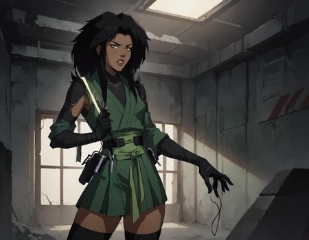 score_9, score_8_up, score_7_up, face focus, extreme closeup, detailed face, 1girl, woman, a mature female, (tall slim athletic female:1.3), skinny, dark-skinned female, black hair, (Pretending to pull an invisible rope), 
gloves, thighhighs, japanese clothes, black gloves, black thighhighs, green kimono, bodysuit, belt,
(abandoned warehouse, industrial),
ch3shire,
 <lora:ch3shire:1>,
 <lora:Blacklight_XL:0.5> blacklight,
 <lora:- SDXL - vanta-black_contrast_V3.0:0.5>,
 <lora:Concept Art DarkSide Style LoRA_Pony XL v6:0.5>, low light,