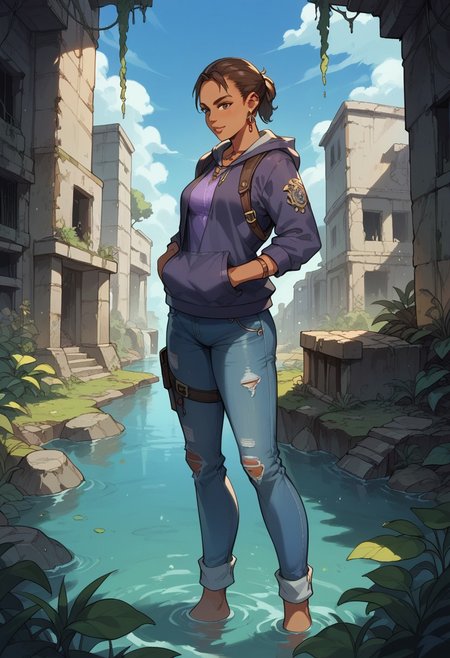 score_9, score_8_up, score_7_up, 
1girl, Sheva Alomar, hoodie, jeans, in an abandoned ruins, dark, dark fantasy, torches, water, flora, eyes in the dark