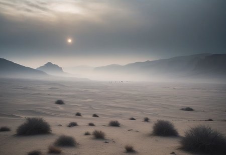 A vast caravan migrates through a barren desert valley, leading to a colossal weathered plain under a hazy sky, stony grays, a dense gray mist clogs the air with a soft ethereal glow,