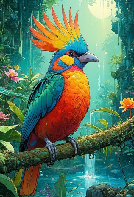 Artwork, a digital artwork,  close up image of 1paradise bird, colorful, jungle, plants, flowers, water, vibrant colors, highly detailed, aesthetic, great lighting, extremely detailed, perfect composition, a vibrant tissue of hues and textures captured digitally, best quality, realistic, captivating, intricately detailed, hyper detailed, maximalist style, dynamic lighting, superb composition, finest details, highest aesthetics, best quality, sharp focus, high contrast, stylized, clear, colorful, ultra quality, whimsical, fantastic, splash art, intricate detailed, hyperdetailed, maximalist style, hyper detailed, maximalist style, concept art, sharp focus, harmony, serenity, calm, mysterious glow, dynamic lighting, superb composition, sharp focus, high contrast, stylized, clear, colorful, ultra quality, best quality, ,..(anime,cyberpunk,Moebius (Jean Giraud) Style page), comicbookpencils
