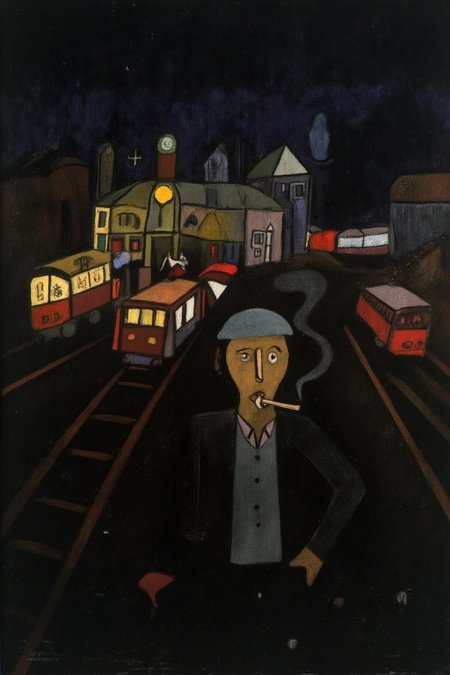 paulklee1 painting of a man smoking at a busy trainstation in the rain.  <lora:paulklee1_cap_d8a4e12:1.0><lora:839872995225960304:0>