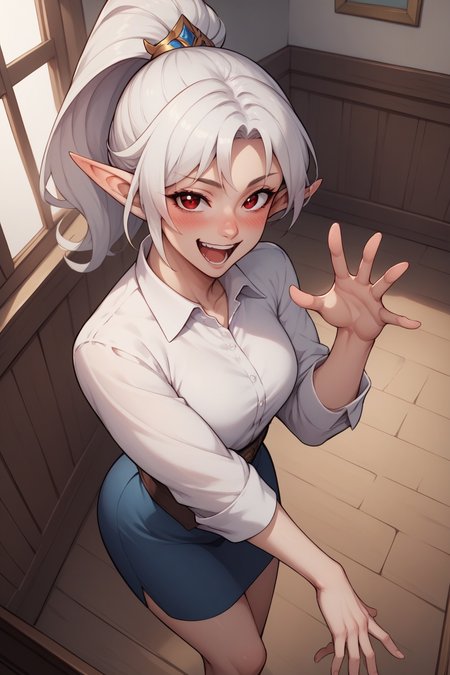score_9, score_8_up, score_7_up, score_6_up, BREAK long legs, sexy, beautiful woman, perfect face, perfect eyes, pale skin, gogalking, <lora:gogalking 1024 6:0.7>, ponytail, ((white hair)), pointy ears, red eyes, long hair, elf, eyebrows visible through hair, looking at viewer,(laughing), blush, dynamic pose, wide angle view, indoors, white shirt, collared shirt, skirt,