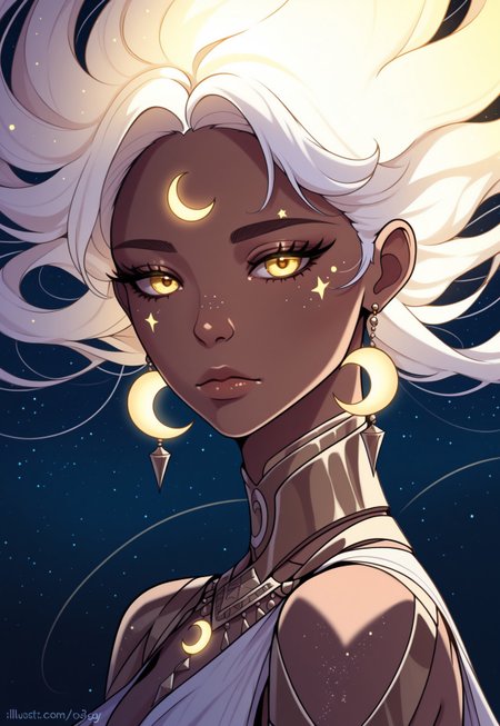 masterpiece, very aesthetic, absurdres, P41NT3RLY, 1girl, solo, long hair, looking at viewer, jewelry, closed mouth, yellow eyes, upper body, white hair, earrings, artist name, dark skin, dark-skinned female, lips, eyelashes, floating hair, glowing, watermark, facial mark, expressionless, crescent, portrait, star (sky), glowing eyes, web address, light particles, forehead mark, crescent earrings, crescent facial mark, glowing hair