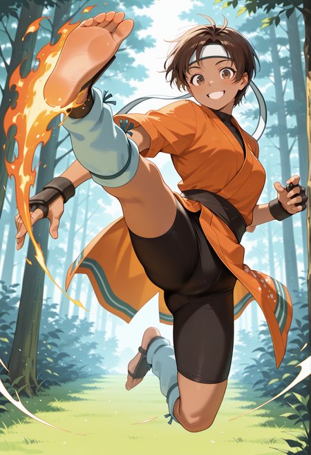 1girl, dark skin, brown hair, short hair, brown eyes, japanese clothes, headband, bike shorts, fingerless gloves, leg warmers, flying kick, high kick, jumping, kicking, outdoors, flaming kick, blude fire, smile, forest, looking at viewer <lora:wakaba_illus:1>, masterpiece, best quality, amazing quality, very aesthetic, absurdres, highres, newest