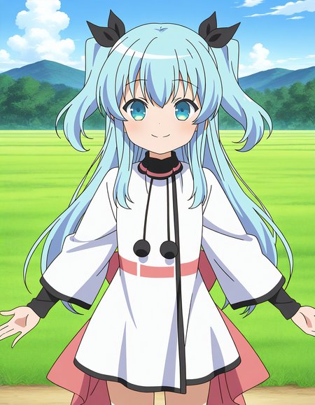 general,highres, ultra-detailed,very aesthetic,best quality ,best hands,  BREAK,  <lora:Noel_IS:1>  Noel, 1girl,solo, long hair, blue hair, two side up, blue eyes, hair ribbon, black ribbon,bangs, 2020s (style), anime coloring,
outstretched arms,  spread arms, smile, dress, cloud, sky, white dress, day, long sleeves, bow, blue sky, pom pom (clothes), closed mouth, anime coloring, outdoors, parody,
sky, grass,