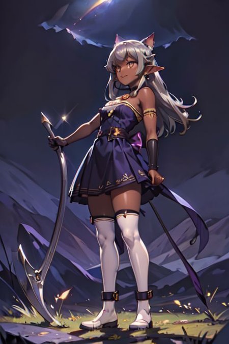(masterpiece:1.2), (best quality:1.2), perfect lighting, beautiful, <lora:add_detail:0.5>, RAW, analog, Canon 85 mm, award winning glamour photograph, ((hyperrealistic)), fine details, 8k, uhd, extremely detailed body, (extremely detailed skin:1.2), clear, (professional lighting), highres, high detail, sharp focus, aesthetic, extremely detailed, max detail, natural skin texture, elegant, sharp focus, natural lights, HDR, high quality, (front view, standing, model posing:1.4), 1 girl, looking at viewer, elf girl, pointed ears, smug grin, fcNeg, check the prompts for ideas, fcNeg, (dark skin:1.5), elf, earrings, dark purple hair, witch, long hair, (silver eyes:1.5), thighhighs, gloves, indigo dress, cleavage, bare shoulders, elbow gloves, witch hat, white thighhighs, small bust, short stature, Style-GravityMagic, MNN_Taruto, Neko mage, dark purple cat tail