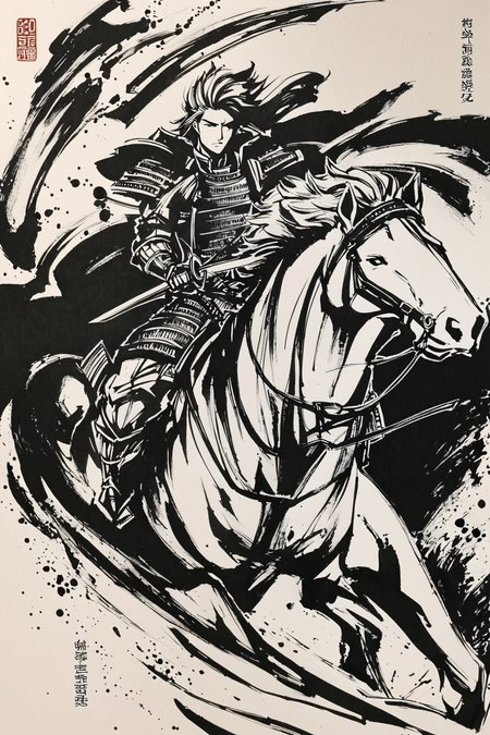 monochrome, weapon, japanese armor, greyscale, sword, 1boy, male focus, riding, chinese text, armor, holding, horse, traditional media, horseback riding, holding weapon
<lora:okazu_XL:0.9>,