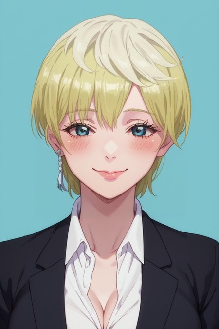 score_9, score_8_up, score_7_up, 1girl, portrait, looking at viewer, blue background, eyelashes, blush
tenka izumo, short hair, blue eyes, blonde hair, white collared shirt, white shirt, black blazer, breasts, seductive smile, happy, loving expression, cleavage <lora:tenka-izumo-s1-ponyxl-lora-nochekaiser:1>
