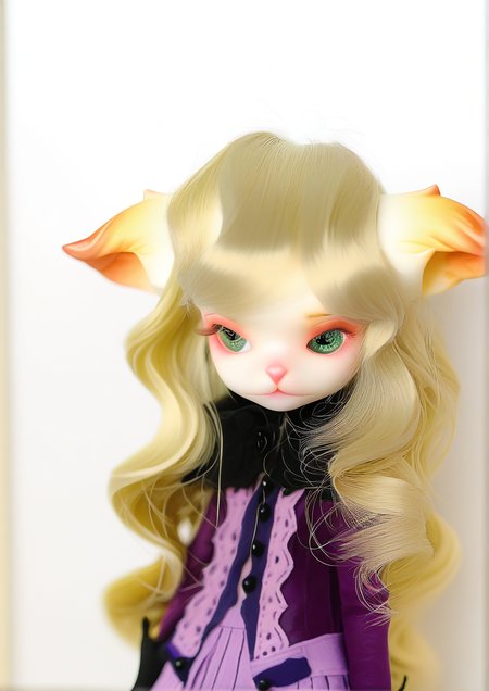 <lora:DOLL_ZONE_furry:1>,1girl, Miss Kitty(am),Ears Down,young girl,wavy hair,long hair,green eyes,blonde hair,purple dress