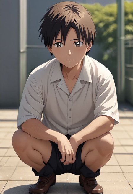 high resolution, solo, best quality, 1Boy, Takaki Toono, Brownish Hair, Brown Eyes, lofi, candid, squat, depth of field, photo model, looking at viewer, OverallDetail
