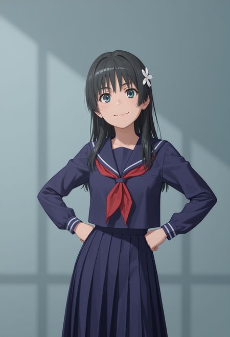 masterpiece,best quality,absurdres,highres,very aesthetic,high quality,detailed,insanely detailed,beautiful,perfect lighting, looking at viewer, smile, hand on hips, smile, light blue background, very awa
 <lora:Saten Ruiko illu:1> 1girl, long hair, black hair, hair ornament, hair flower, blue eyes, sakugawa school uniform, winter uniform, blue serafuku ,red neckerchief blue sailor collar, blue skirt, blue shirt, long sleeves, long skirt
;