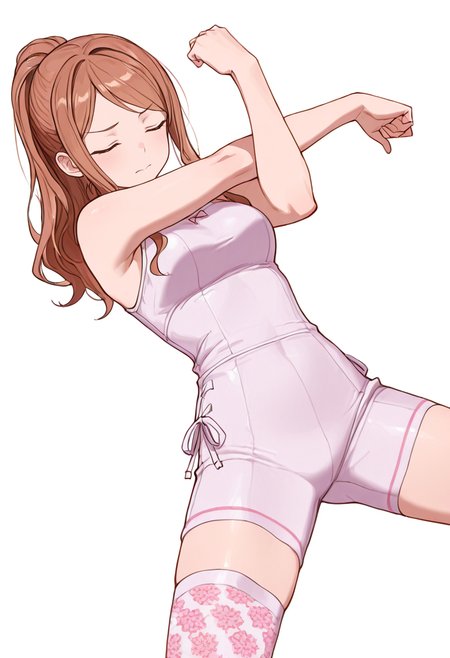 masterpiece,high quality details, absurdres,
 <lora:Aona:0.8> aona_cnr, 1girl, brown hair, long hair, ponytail, brown eyes,, simple background, white background, dutch angle,solo,, closed eyes,pain,, joyful expression,stretching pose,elegant silhouette,, unitard  ,unitard  ,patterned stockings,  ,side-tie legwear,