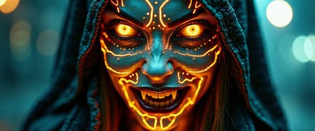 detailed cinematic closeup shot of the necromancer's face statue with facial golden wire texture foiling surface , symmetric portrait, scowl expression, shows her fangs, eye contact, wear cyberpunk clothes , futuristic neon chiaroscuro lighting, mystical night scene , beautiful mystical allure, cyberpunk Noir , neon facial illumination