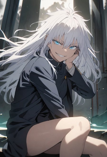 masterpiece, best quality, absurdres, cinematic, dynamic, solo,1girl, gojou satoru, jacket, gakuran, blue eyes, white hair, long hair, smirk, grin, sitting, looking at viewer,