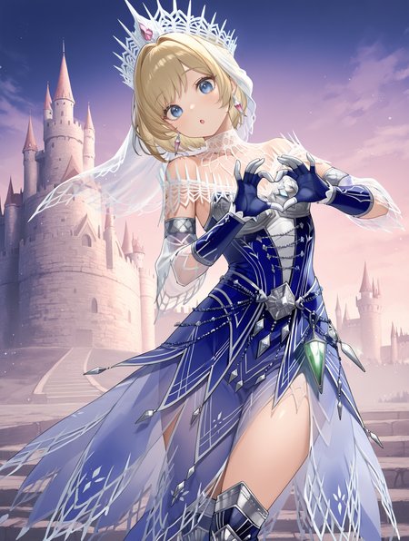 velkhana armor,blue long dress,1girl,solo,blonde hair,head tilt,looking at viewer,heart hands,blue thigh boots,silver crown,blue gloves,standing,short hair,silver earrings,castle,leaning to the side,veil, :o
masterpiece,best quality,amazing quality,very aesthetic,absurdres,newest,<lora:Velkhana Armor Beta illuXL v1.1:0.77>,side,