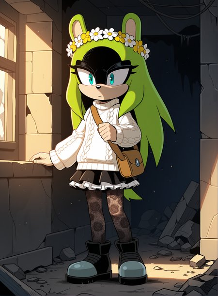 1girl, solo, full body, no humans,
<lora:Surge-the-Tenrec_v4:1> surge the tenrec, black face, aqua eyes, hair down, long hair,
mori girl, oversized sweater, frilled skirt, lace pantyhose, satchel, flower crown, (long shot), seeking refuge, detailed face, located in a ruined world at a abandoned oasis during early morning with sunny weather, illuminated by firelight, creating a tense,desolate atmosphere, extremely detailed, highres, masterpiece, best quality