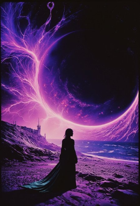 n30nfilm A surreal, abstract digital landscape stretches before us, where a glitched market looms under a vast, purple and black sky. The medieval merchant lady stands at the market's edge, her teal and blue scales shimmering in the eerie glow. The market, fragmented and distorted, pulses with intricate dot and line patterns, casting hypnotic wavy shapes across the scene. Above, the void stretches endlessly, swirling with vivid, otherworldly hues that blend fluidly with the dark sky.
The patterns and colors twist unnaturally, with vibrant psychedelic tones stark against the high-contrast, minimalistic background. Amidst this chaotic yet captivating scenery, the merchant lady gazes into the void, her figure framed by the surreal, flowing motion of the glitching world around her. The strange mix of the distorted market, the alien sky, and the tranquil yet eerie scene creates a visual both majestic and unsettling, where the familiar warps into the unknown in a mesmerizing display. (fluid motion: 2.5) (high contrast: 2.3)