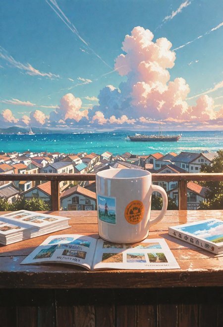 no humans, polaroid photos, photographs, photo album, wooden table, scattered paper, travel postcards, sticker on mug, winow frame, coastal street, coastal village scape, small fishvillage, sea, seagules, rooftops, shop signs, outdoor view, daytime, summer, blue sky, cumulus clouds, soft lighting, sunny day, colorful, highly detailed, warm palette, first person view, foreground focus, depth of field, blurry background,               
masterpiece, amazing quality, best quality, scenery, anime coloring