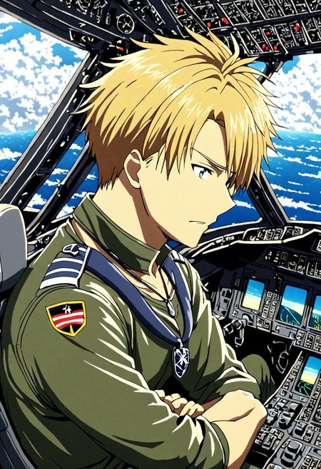 high resolution, solo, best quality, 1Boy, Yamato Ishida, Blond Hair, Necklace, Pilot, Cockpit, OverallDetail