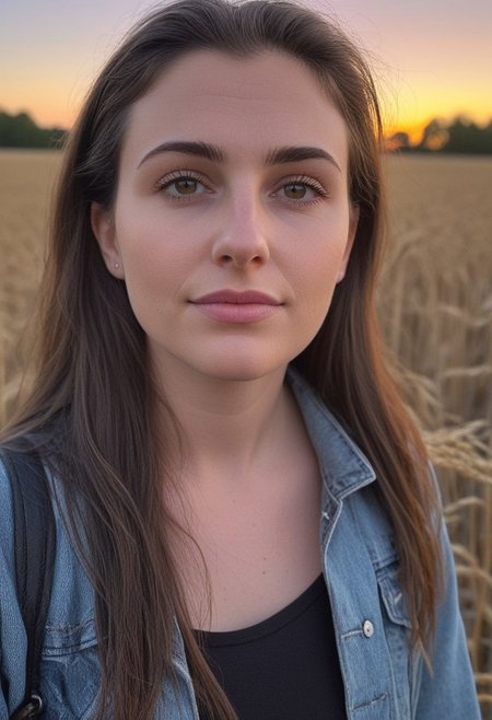 30yo american woman in a wheat field
Small eyes. Brown eyes.
Wearing ripped Denim jacket
no makeup. Clear skin.  realistic skin style
Long dark black slick back hair. No makeup. Dusk, Street light. Looking at camera POV. Slight smile, tilting head.. Tilt head. Hands in head, face, lips.
Medium Close Up shot. Bokeh. Bokeh light. Sunset. yellow, purple sky.