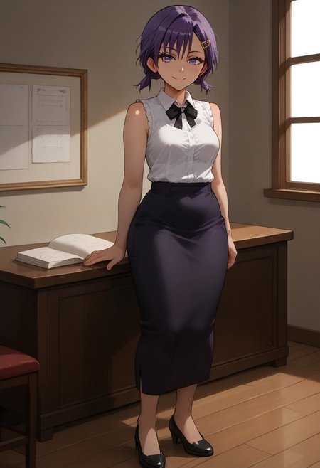 score_9, score_8_up, score_7_up, score_6_up, (1girl ), (solo),
BREAK,
HDA_MasterpieceXL_v.1,
BREAK
1girl: <lora:Asumi_Kominami BWBGD-V1>,asumi kominami,
small hair, hair ornament, small twintails, purple eyes, purple hair,smile,
 hairclip, medium breasts.
BREAK
half body,black bow, white sleeveless shirt, purple skirt,
 pencil skirt,( long skirt:1.9) , black shoes