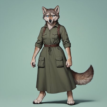 score_9, score_8_up, score_7_up, source_furry, detailed face, detailed eyes, incredible detail BREAK 1girl, solo, anthro, wide shot (furry female, wolf, light brown fur, monotone fur, light blue eyes,slightly wide hips, small breasts), black nose, whiskers, ear flop, solo, looking at viewer, simple background, green background, full body, hunter outfit, archer outfit