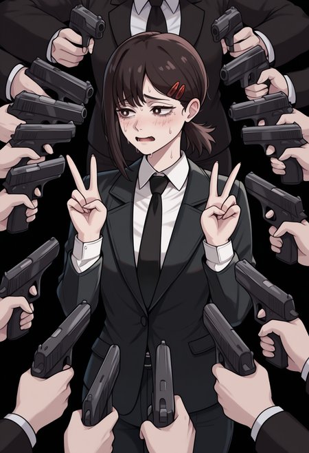 masterpiece, best quality, newest, 6+others, at gunpoint, solo focus, holding gun, handgun, too many, 1girl, higashiyama kobeni, chainsaw man, nervous sweating, looking to the side, double v, brown hair, hairclip, suit, black jacket, suit jacket, long sleeves, white shirt, collared shirt, black necktie
<segment:yolo-Anzhc Face seg 640 v2 y8n.pt,0.4,0.5//cid=1>