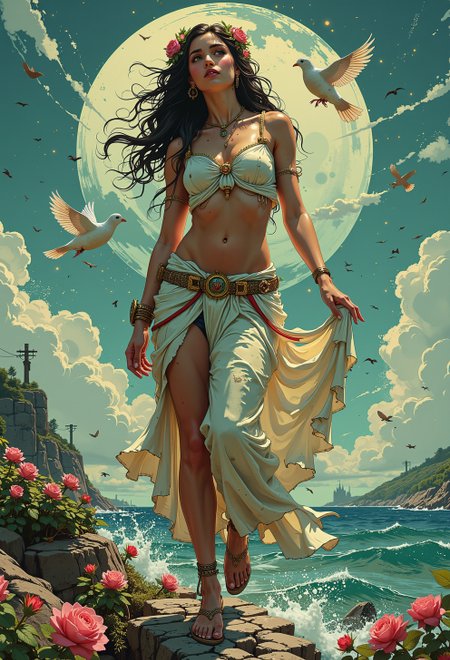 <lora:ck-nc-pastel-cyberpunk:0.8> A digital artwork in the style of cknc, Aphrodite: Goddess of love and beauty; typically depicted with symbols like doves, roses, and the ocean. Fast Shutter Speed, Lomography Color 100, F/2.0, limited color palette,   <lora:Luminous_Shadowscape:0.3>  <lora:artilands:0.2>