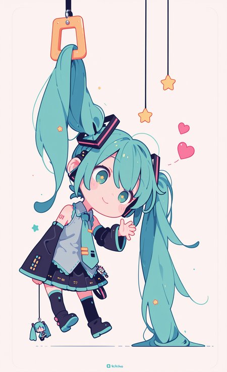 masterpiece,best quality,amazing quality,  hatsune miku, 1girl, solo, long hair, skirt, thighhighs, very long hair, twintails, green eyes, heart, boots, necktie, detached sleeves, green hair, star \(symbol\), chibi, aqua hair, thigh boots, waving, keychain, hanging, haiz_ai, in the style of cknc,
Flatline, Flat vector illustration <lora:ponyv6_noobE11_2_adamW-000017:0.3> <lora:checkpoint-e18_s306:1.5> <lora:ck-nc-cyberpunk-IL-000011:0.6> <lora:haiz_ai_illu:0.7>