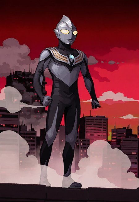 anime screencap, anime coloring, masterpiece, best quality, amazing quality, absurdres, wide shot, S4s4k1Nsfw, full body shot, male focus, 1boy, solo, giant ultraman, tiga multi type, tokusatsu, alien, bodysuit, yellow eyes, no humans, giant, walking down street, city shrouded in white smoke, black clouds, green sky, outdoors, cityscape, dark_theme,fca style