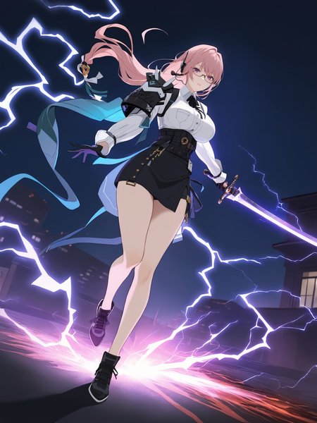 1girl, tsukishiro yanagi, solo, glasses, black gloves, high-waist skirt, high heel sneakers, white collared shirt, single pauldron, earpiece, harness, neck ribbon, full body, lightning, electricity, aura, embers, looking at viewer, floating hair, glaring, hand on hilt, sword <lora:Char-ZZZ-Yanagi-SDXL-V1:0.9>, masterpiece, best quality, very aesthetic, ray tracing, newest, illustration, incredibly absurdres, ultra detailed, [<lora:detailed_notrigger:0.95>::0.5]
